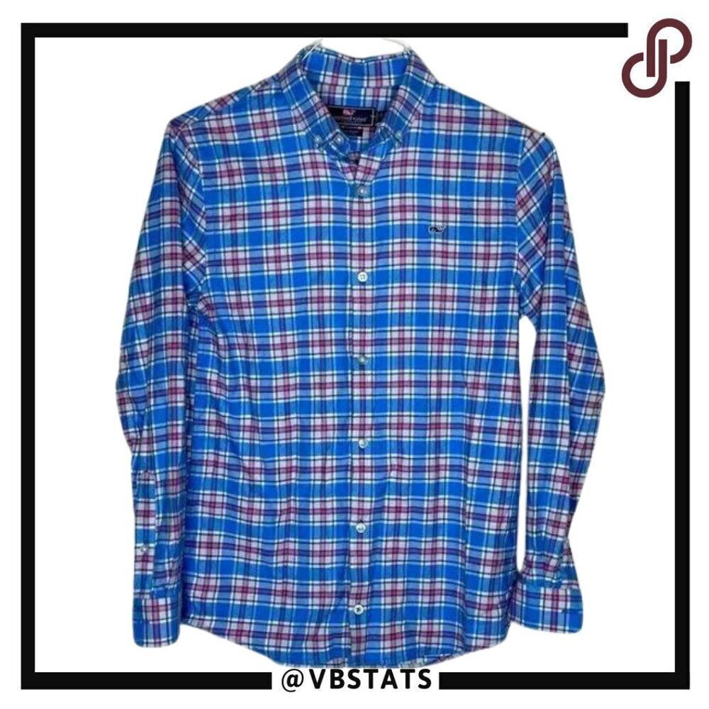 Boy's Large Vineyard Vines Blue-Pink-White Plaid Whale LS Shirt‎